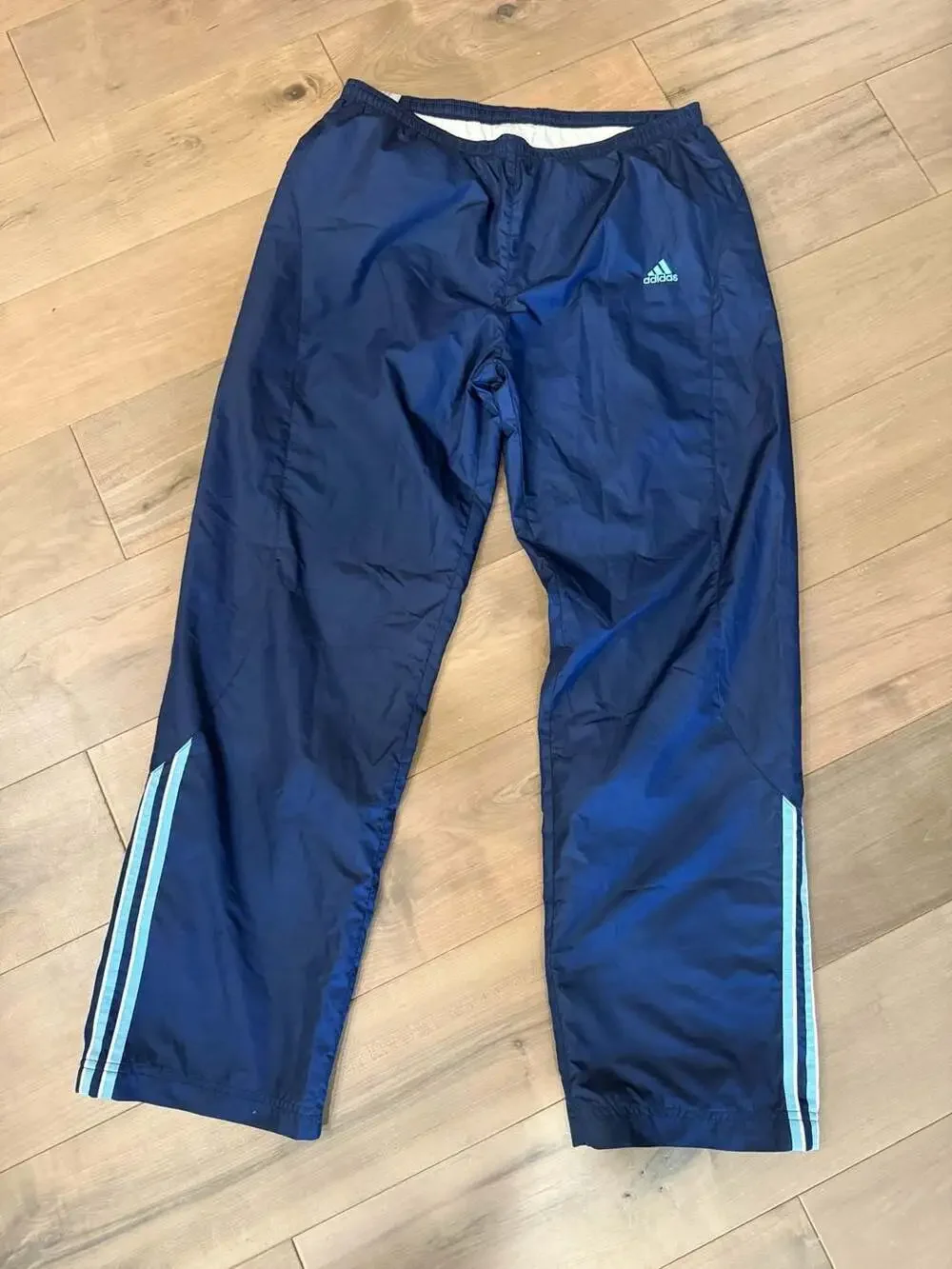 Vintage Adidas Navy Blue Nylon Track Pants with 3-Stripe Detail